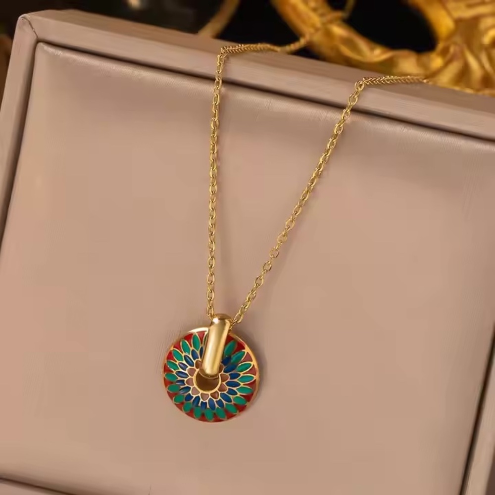 Gold Tone Enamel Mandala Necklace & Hoop Earrings Set , NEW - Picture 5 of 10